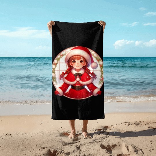 Santa Claus Girl Illustration Funny Christmas Beach Towels