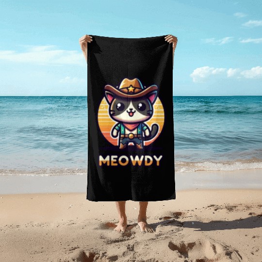 Cute Meowdy Cat Cowboy Pun Beach Towels