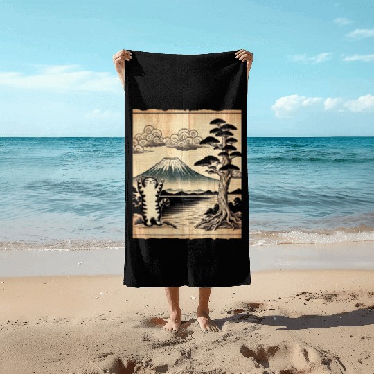 Mt. Fuji Kitten Papyrus Scroll Retro Japanese Art Beach Towels