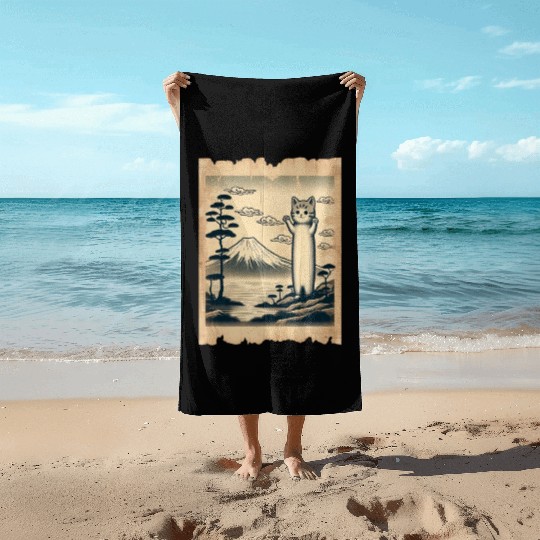 Mt. Fuji Kitten Papyrus Scroll Retro Japanese Art Beach Towels