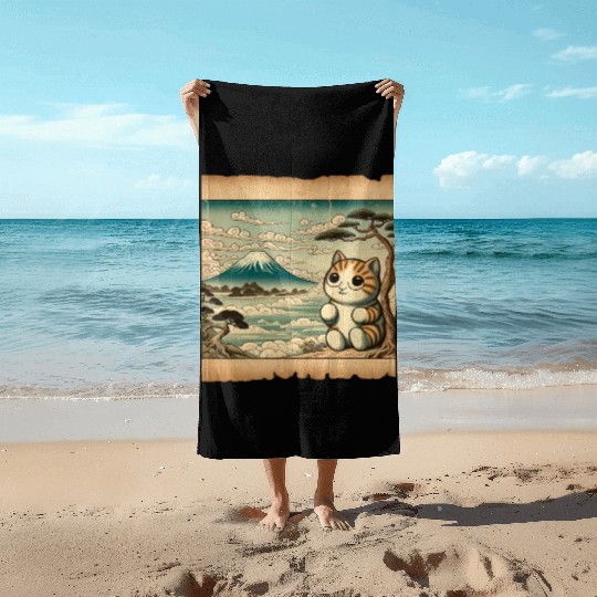 Mt. Fuji Kitten Papyrus Scroll Retro Japanese Art Beach Towels