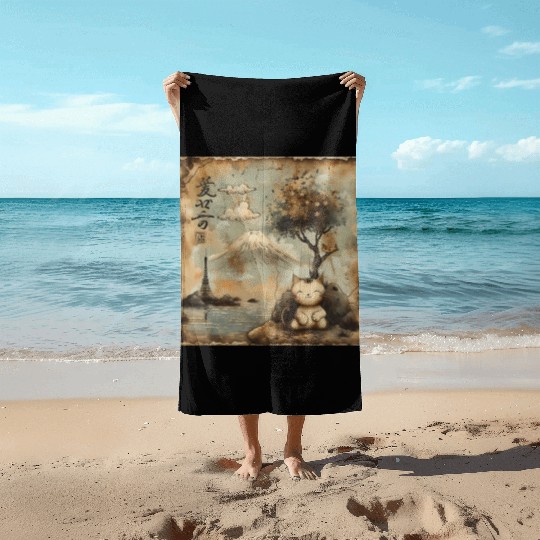 Mt. Fuji Kitten Papyrus Scroll Retro Japanese Art Beach Towels