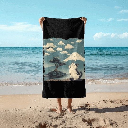 Mt. Fuji Kitten Papyrus Scroll Retro Japanese Art Beach Towels