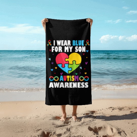 Heart I Wear Blue For My Son Autism Awareness Beach Towels
