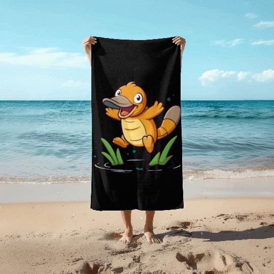 Whimsical Platypus Frolicking in a Pond Beach Towels