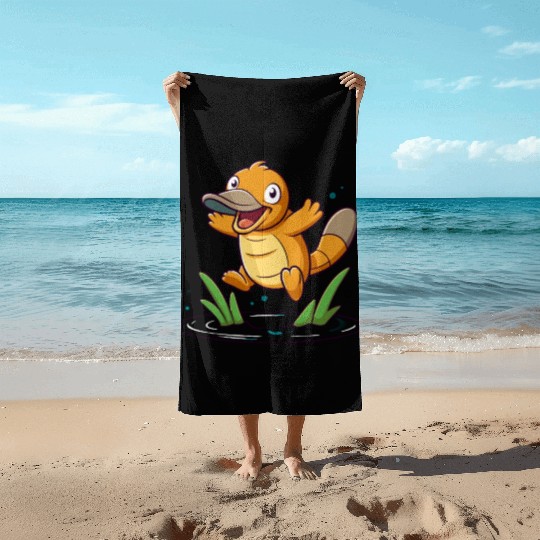 Whimsical Platypus Frolicking in a Pond Beach Towels