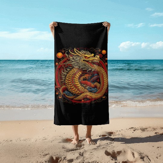 Chinese dragon. Dragon in a circle. Beach Towels
