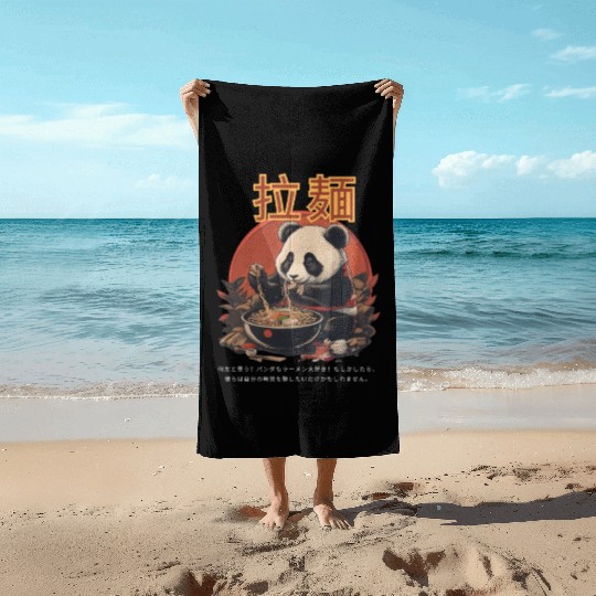 Panda eating Ramen Beach Towels