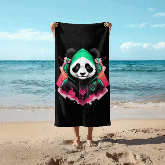 design of a panda head listening to music Beach Towels