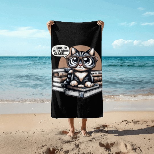 Funny Cat in Oversized Glasses Reading Humor Beach Towels