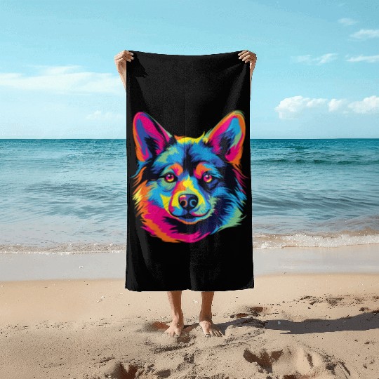 Watercolor Colorful Swedish Vallhund Beach Towels