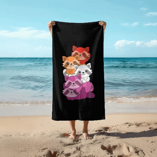 Lesbian Flag Pride Lgbtq Cute Raccoon Beach Towels