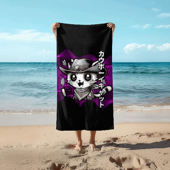 Yeehaw Meow: Manga Cowboy Cat Extravaganza Beach Towels