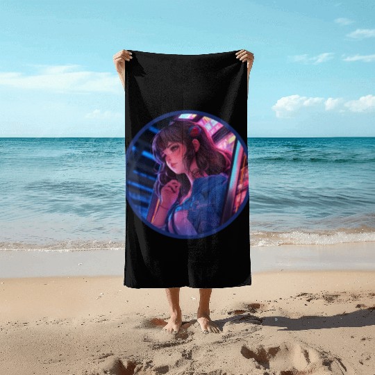 Jukebox Anime Girl Vaporwave Neon Glow Retro Beach Towels