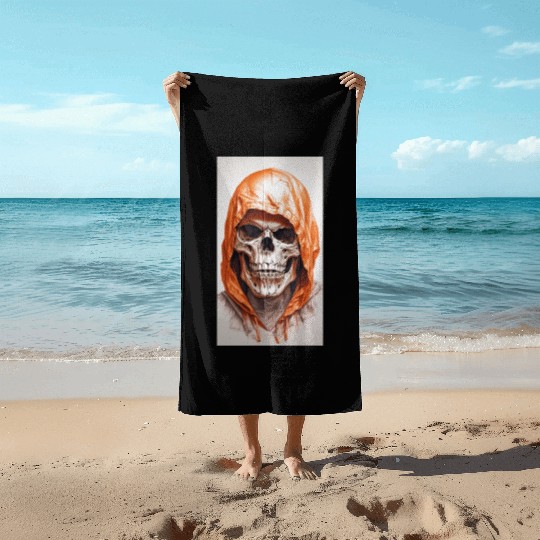 Default A skull in an orange hoodi ultra realistic Beach Towels