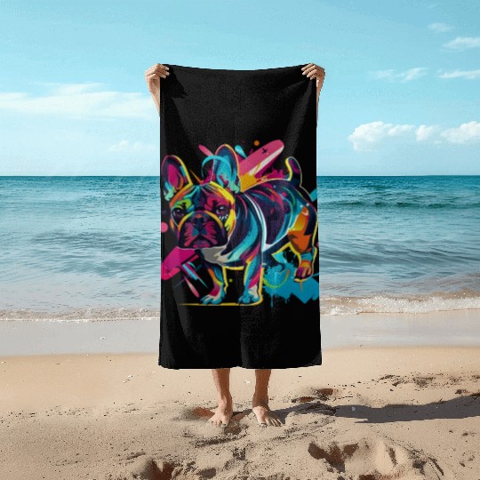 Neon Paws: French Bulldog in 80s Pop Art Style Beach Towels