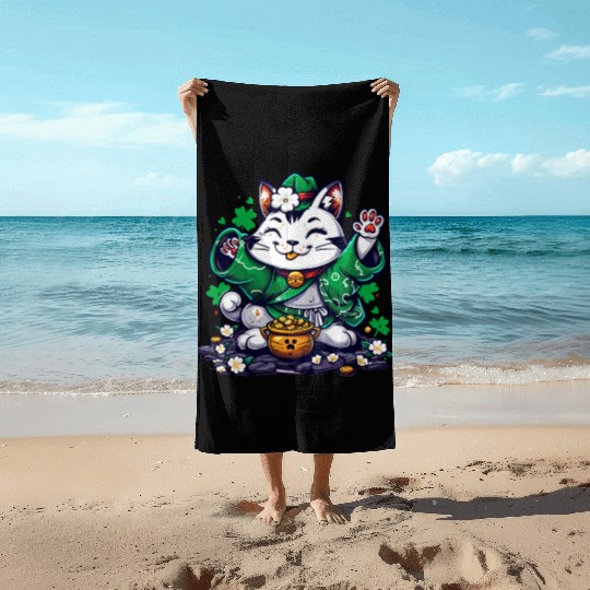 Kawaii St Patricks Day Cat With a Pot Of Gold Beach Towels