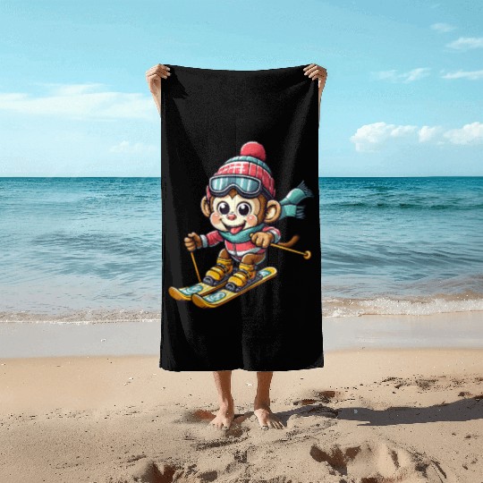 Monkey Chimpanzee Skier Winter Vacation Design Beach Towels