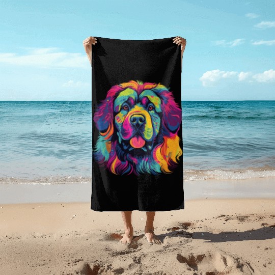 Watercolor Colorful Tibetan Mastiff Beach Towels