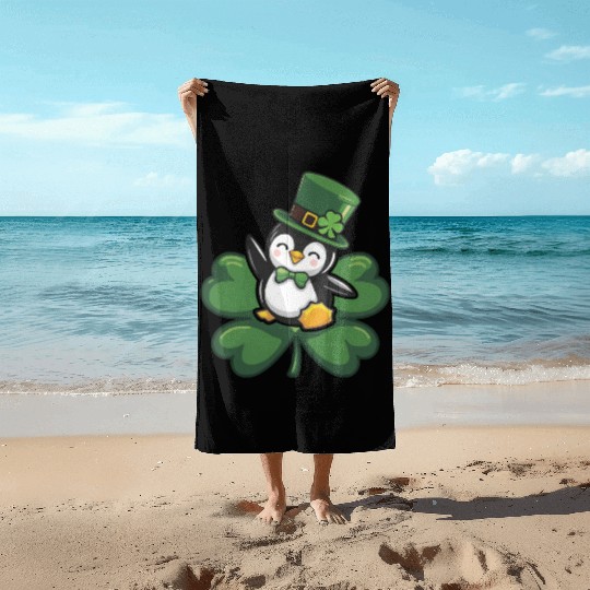 St. Patrick's Day Penguin: Cute Cartoon Design Beach Towels