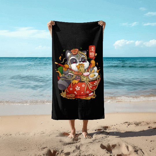 Cute Anime Raccoon Eating Ramen Noodles Beach Towels
