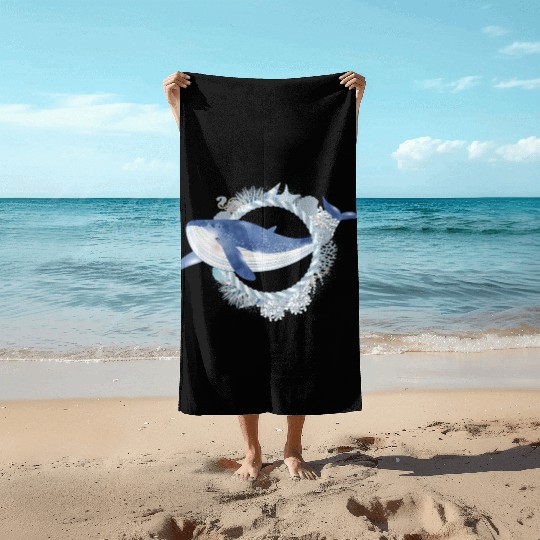 blue whale fish in coral reef in watercolor style Beach Towels