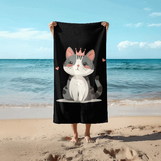 Kawaii Cat Queen and Hearts Beach Towels