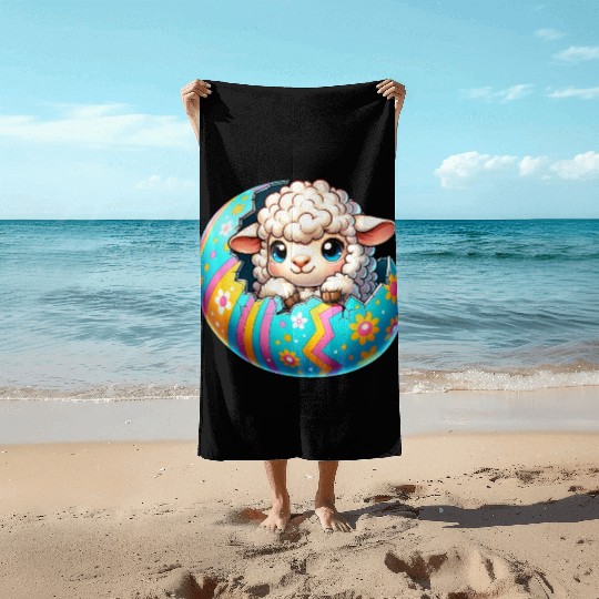 Colorful Lamb Hatching from Easter Egg Cartoon Beach Towels