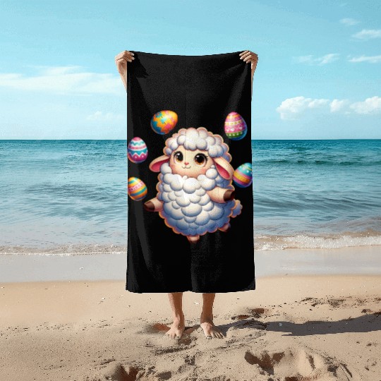 Colorful Easter Egg Juggling Lamb Cartoon Beach Towels