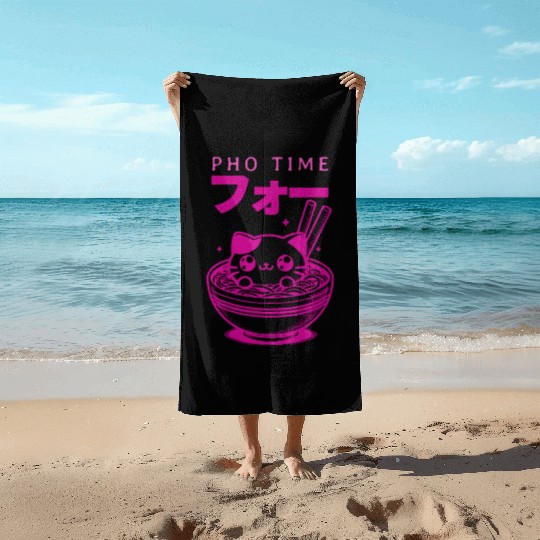 Pho Time Pink Cute Kitten in a Bowl Beach Towels