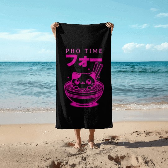 Pho Time Pink Cute Kitten in a Bowl Beach Towels