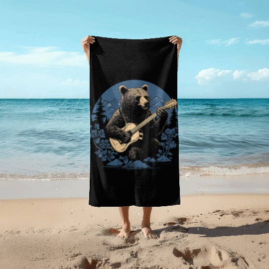 Grizzly Bear Playing Guitar Beach Towels