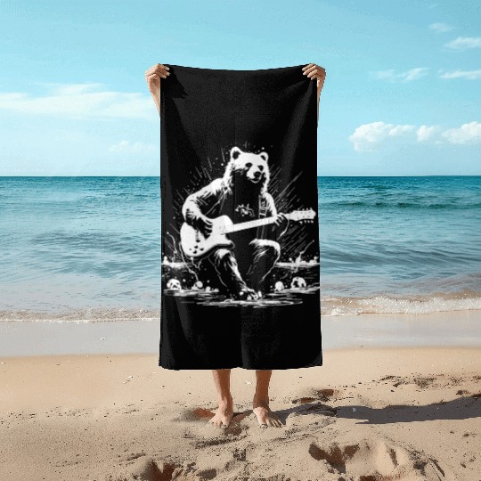 Grizzly Bear Playing Guitar Beach Towels