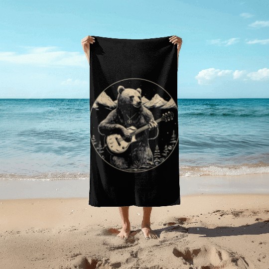 Grizzly Bear Playing Guitar Beach Towels