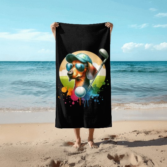 Cool Golf Player Dachshund Wiener Dog Design Beach Towels