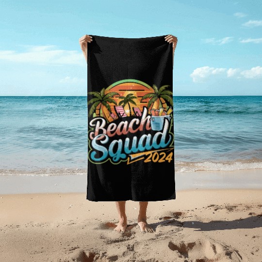Beach Squad 2024 Tropical Sunset and Palm Trees Beach Towels