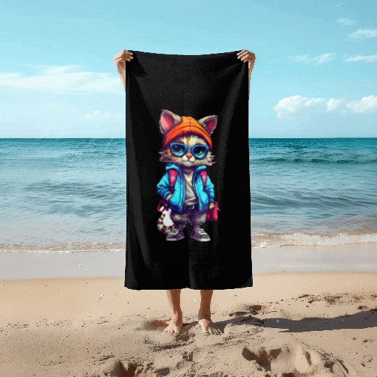 Cute Cat Cartoon Beach Towels