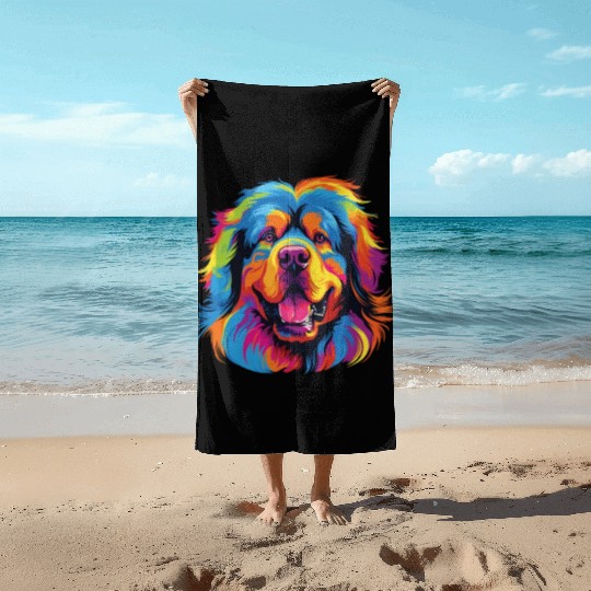 Watercolor Colorful Tibetan Mastiff Beach Towels