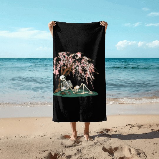 Skeleton in Repose Under a Cherry Blossom Tree Beach Towels