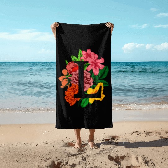 Capital letter L monogram with peony, lily flowers Beach Towels