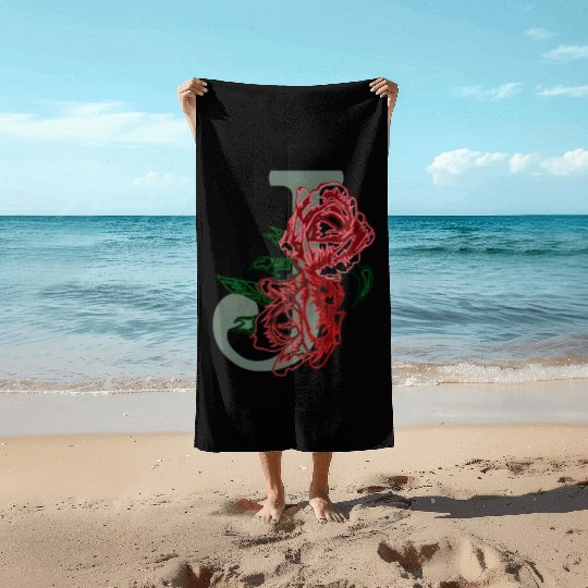Capital letter J monogram and contour rose flowers Beach Towels