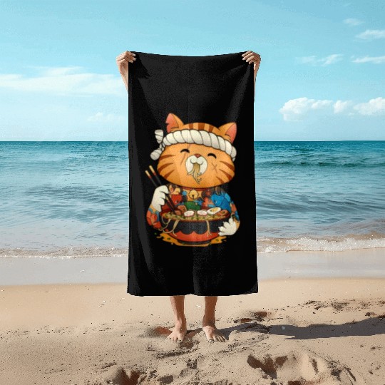 Cute anime cat eating ramen noodles Beach Towels