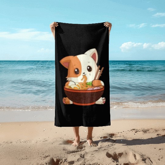 Cute anime cat eating ramen noodles Beach Towels