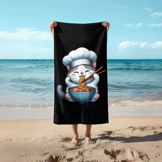 Kawaii Anime Whimsical Cat Japanese Ramen Noodles Beach Towels