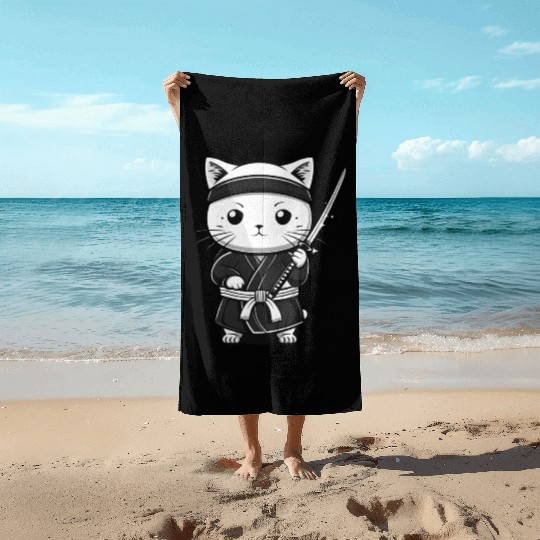Cat Kawaii Samurai Funny Gift Beach Towels