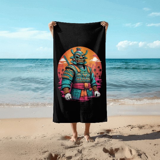 Tiki Warrior: Retro Samurai Spirit Beach Towels