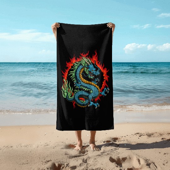 Angry Japanese Dragon Beach Towels