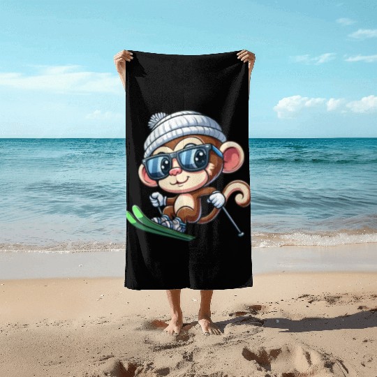 Monkey Chimpanzee Skier Skiing Beach Towels
