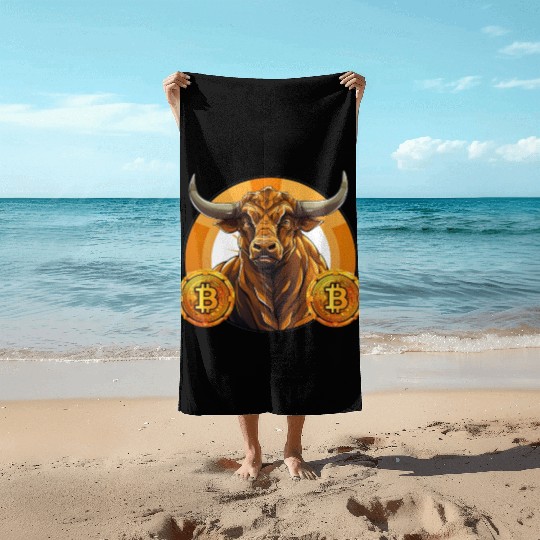 Retro Crypto Currency Bull Bitcoin Blockchain Beach Towels