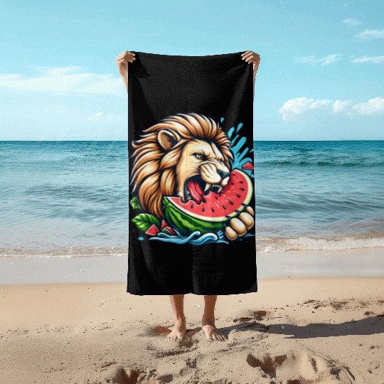 Lion Enjoying a Juicy Watermelon Beach Towels